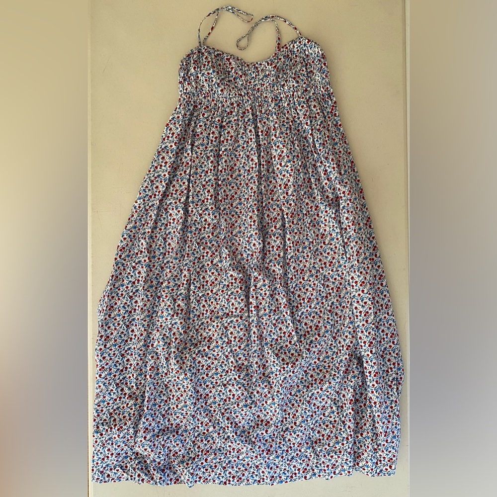J.Crew XS Floral Smocked Cotton Maxi Sundress Red Blue White